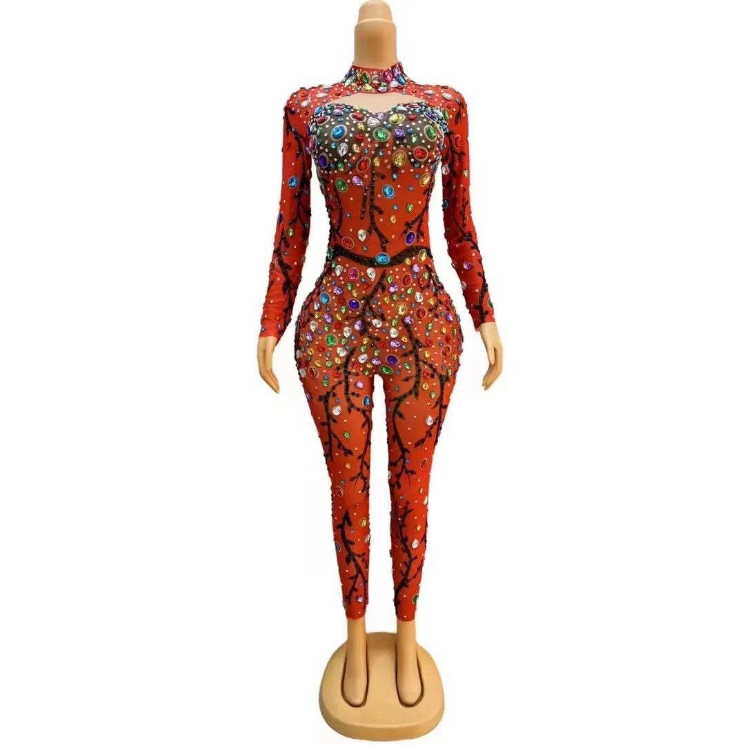 Colorful Rhinestones Mesh Bodysuit Evening Jumpsuit Outfit Dance Costume