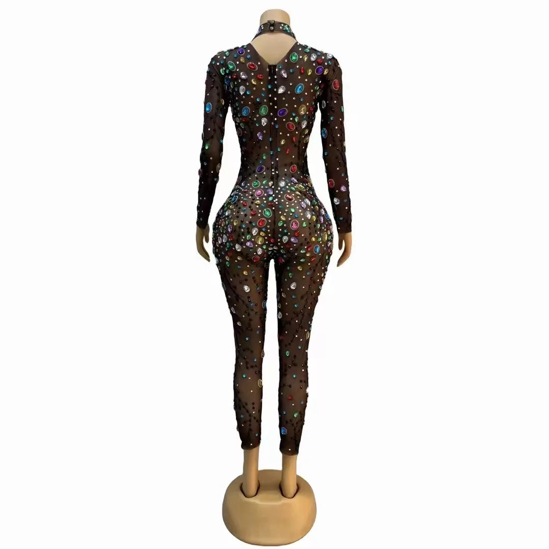 Colorful Rhinestones Mesh Bodysuit Evening Jumpsuit Outfit Dance Costume