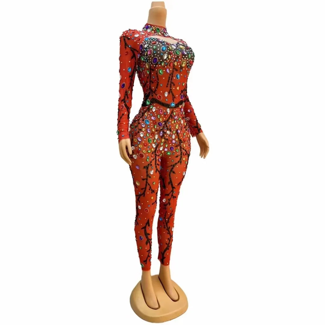 Colorful Rhinestones Mesh Bodysuit Evening Jumpsuit Outfit Dance Costume
