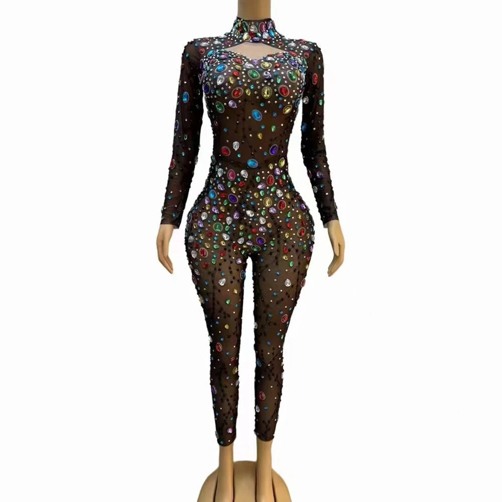 Colorful Rhinestones Mesh Bodysuit Evening Jumpsuit Outfit Dance Costume