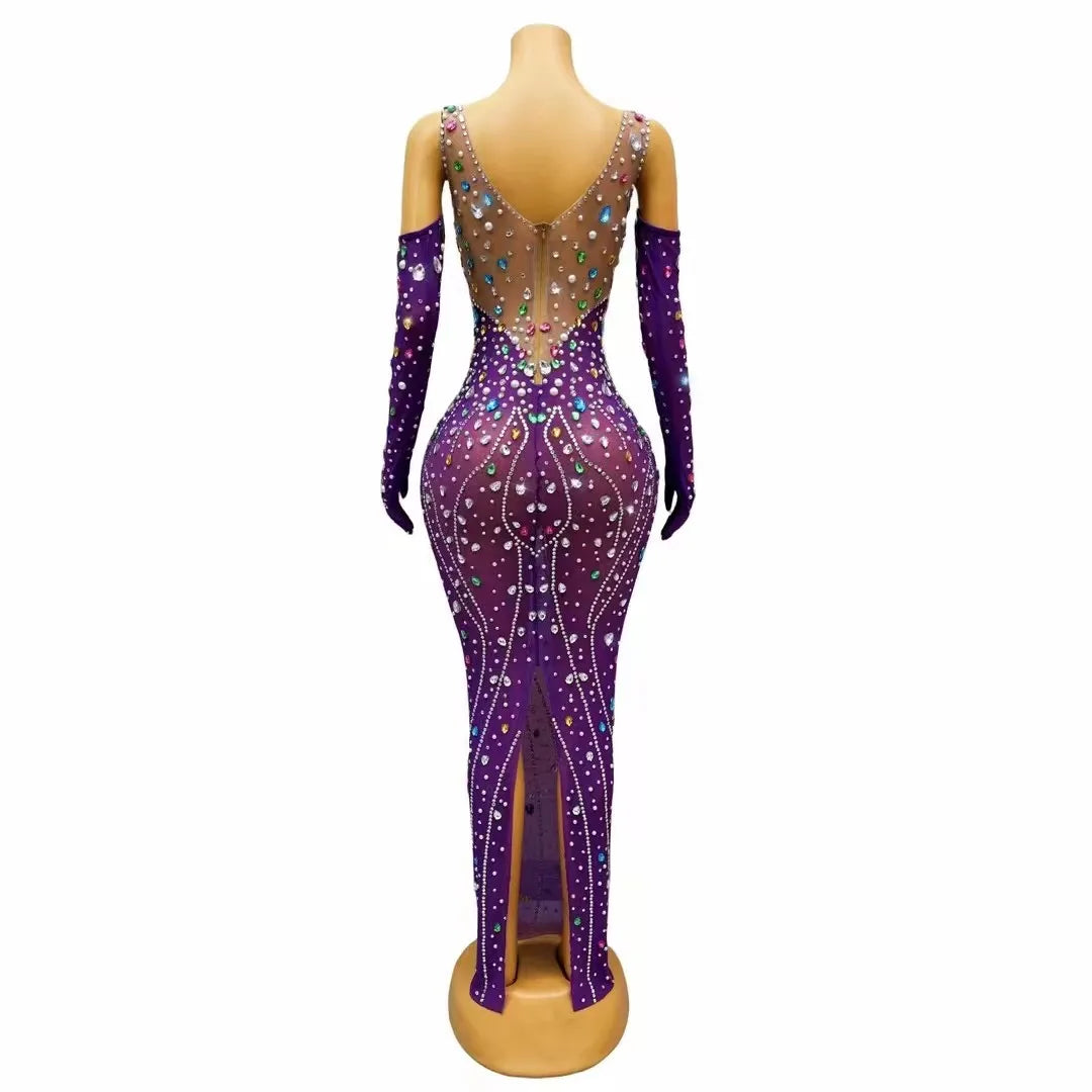 Rhinestones Pearls Transparent Gloves Birthday Prom Outfit Performance Evening Costume