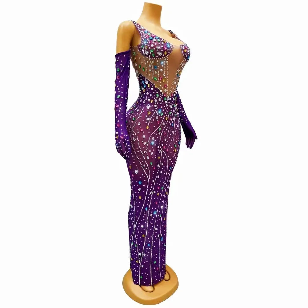 Rhinestones Pearls Transparent Gloves Birthday Prom Outfit Performance Evening Costume