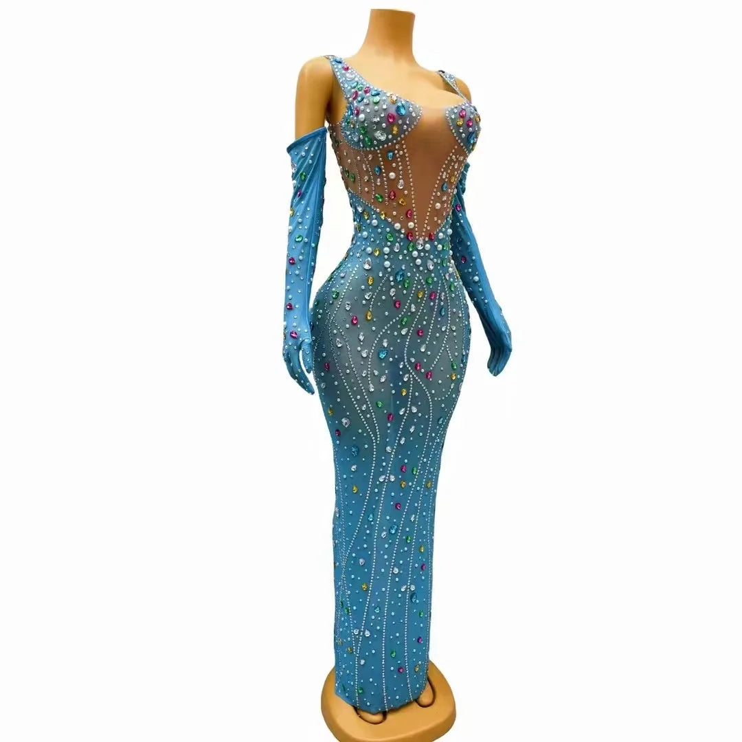 Rhinestones Pearls Transparent Gloves Birthday Prom Outfit Performance Evening Costume