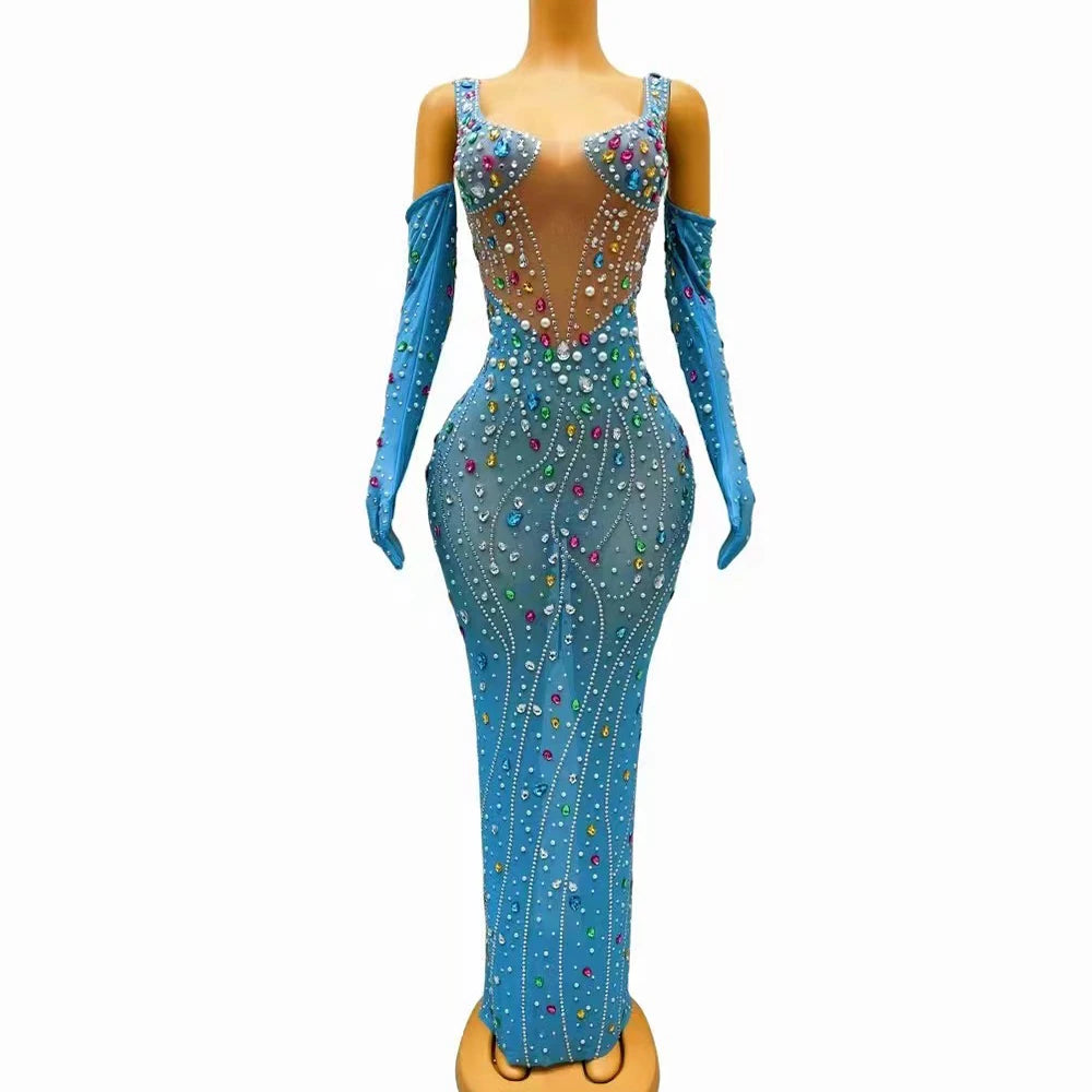 Rhinestones Pearls Transparent Gloves Birthday Prom Outfit Performance Evening Costume