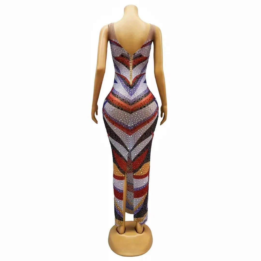 Sexy Colorful Rhinestones Stretch Sleeveless Dress Birthday Party Dance Crystals Outfit Singer Performance Photo Shoot Dress