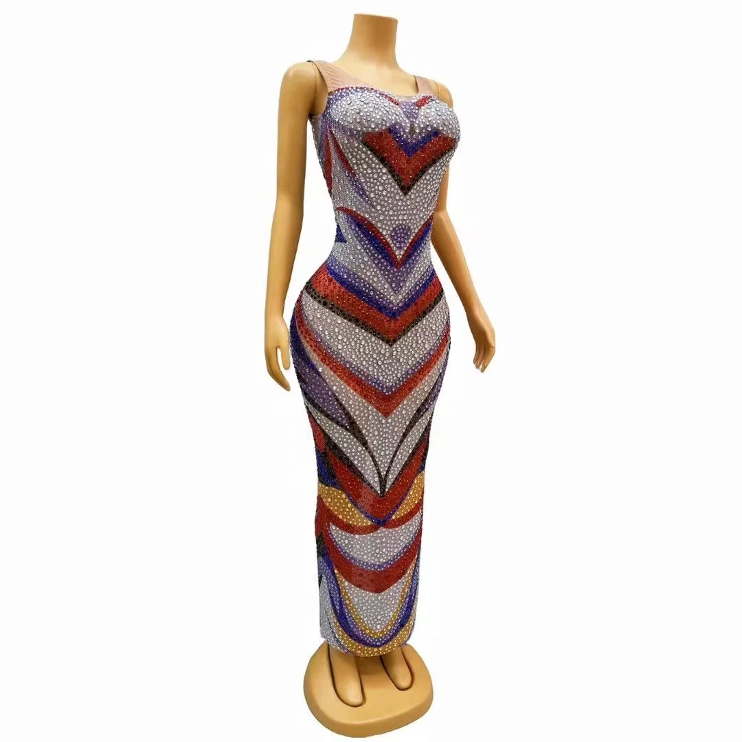 Sexy Colorful Rhinestones Stretch Sleeveless Dress Birthday Party Dance Crystals Outfit Singer Performance Photo Shoot Dress