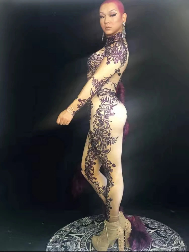 Sexy Crystals Jumpsuits Women Stretch Skinny Jumpsuit Party Rhinestone Rompers Nightclub Jazz Singer Costumes Pole Dance Clothes