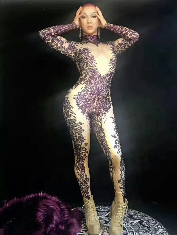 Sexy Crystals Jumpsuits Women Stretch Skinny Jumpsuit Party Rhinestone Rompers Nightclub Jazz Singer Costumes Pole Dance Clothes