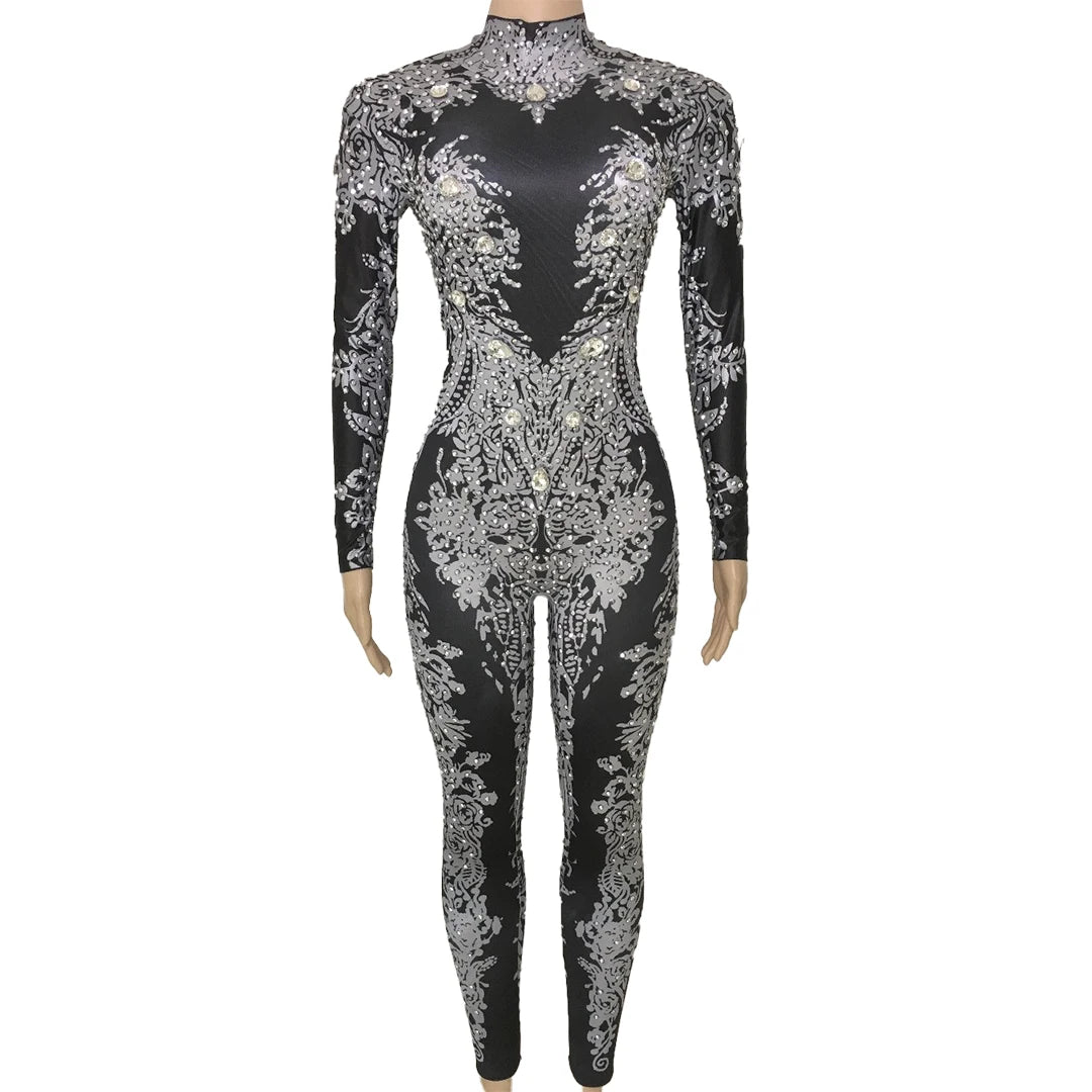 Sexy Crystals Jumpsuits Women Stretch Skinny Jumpsuit Party Rhinestone Rompers Nightclub Jazz Singer Costumes Pole Dance Clothes