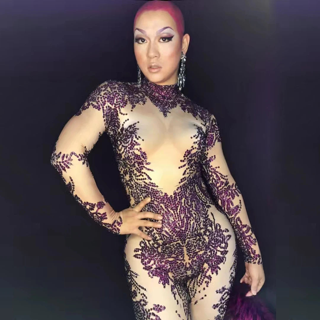 Sexy Crystals Jumpsuits Women Stretch Skinny Jumpsuit Party Rhinestone Rompers Nightclub Jazz Singer Costumes Pole Dance Clothes