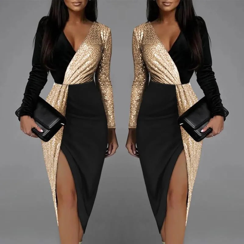 Sexy Elegant Black Luxury Prom Sequins Cocktail Party Evening Chic Dresses Women Long Sleeve Deep V-neck Bodycon Dress Clothes