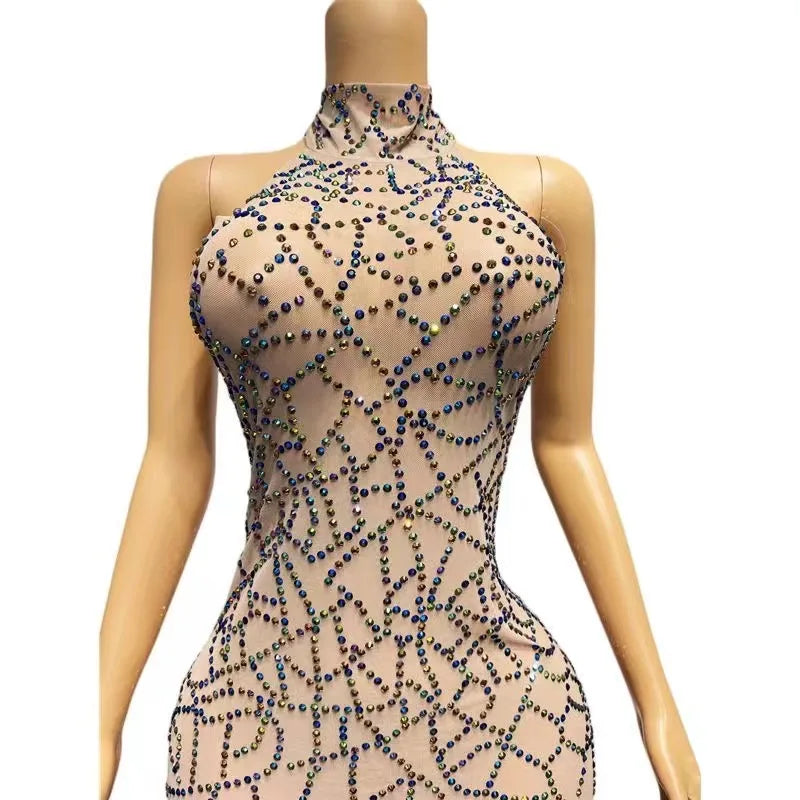 Sexy Evening Birthday Celebrate Colorful Rhinestones Transparent Backless Dress Women Dance Performance Photo Shoot Costume
