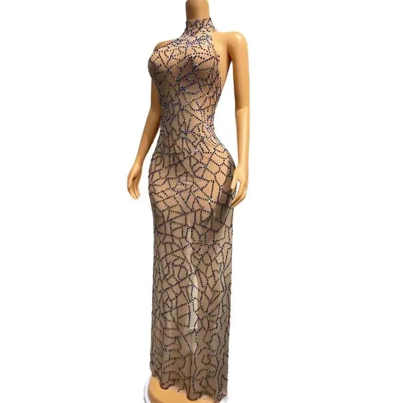 Sexy Evening Birthday Celebrate Colorful Rhinestones Transparent Backless Dress Women Dance Performance Photo Shoot Costume