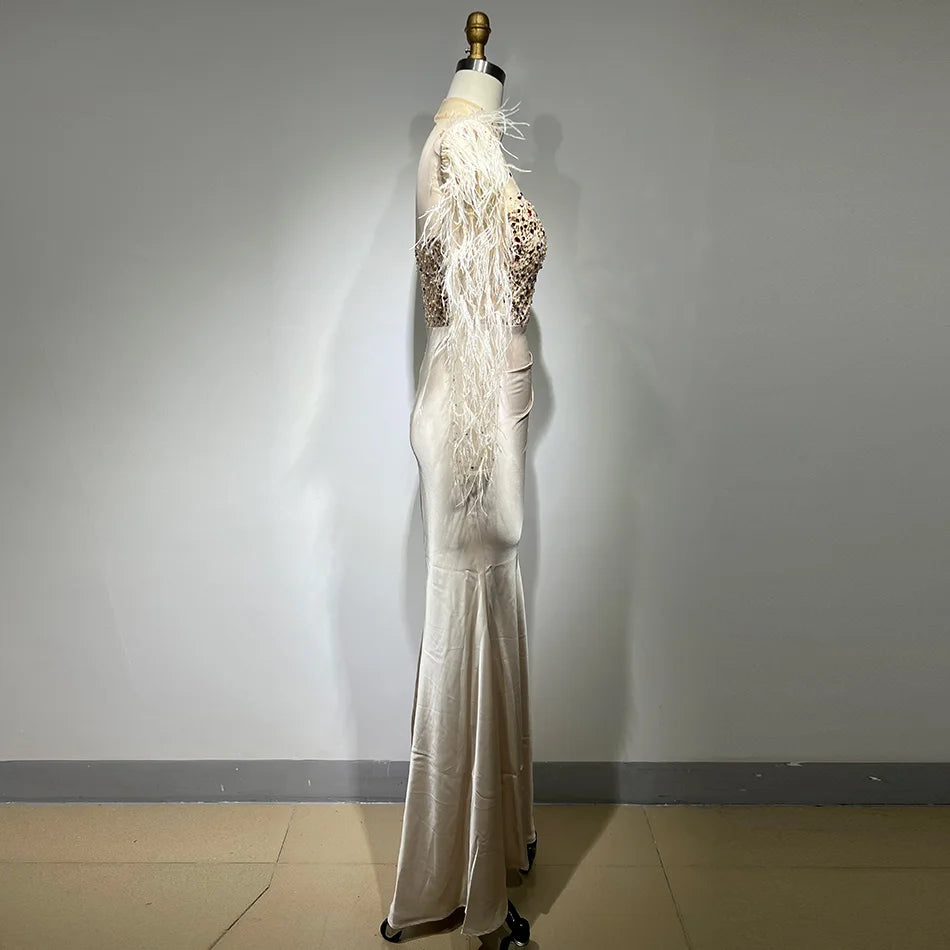 Sexy Feather Long Sleeve Openwork Slim Split Dress