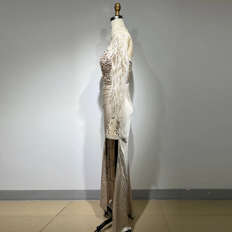 Sexy Feather Long Sleeve Openwork Slim Split Dress