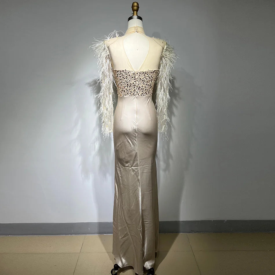 Sexy Feather Long Sleeve Openwork Slim Split Dress