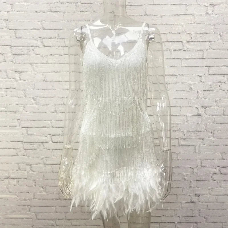Sexy Feather Stitching Mini Dresses Ladies Sequins Tassel Spaghetti Strap Dress Women Fashion Evening Party Club Elegant Dress