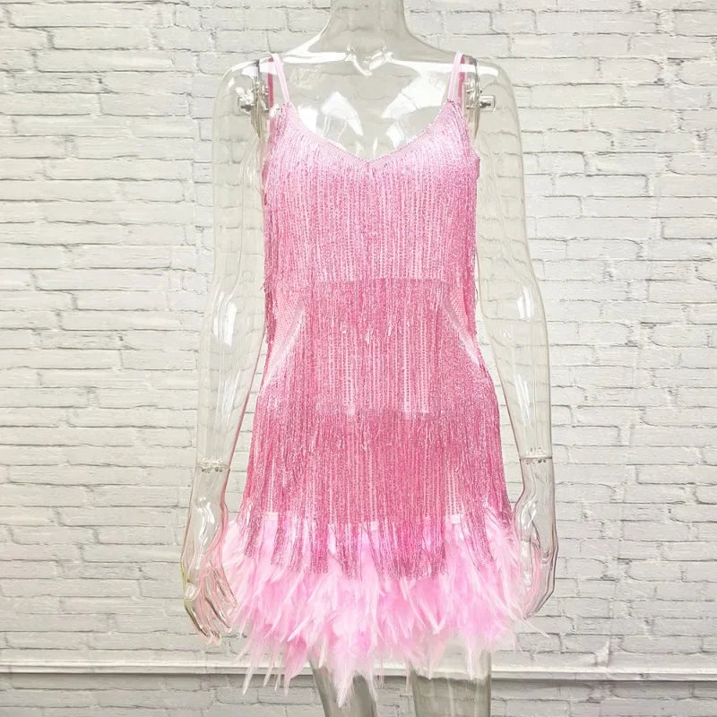 Sexy Feather Stitching Mini Dresses Ladies Sequins Tassel Spaghetti Strap Dress Women Fashion Evening Party Club Elegant Dress