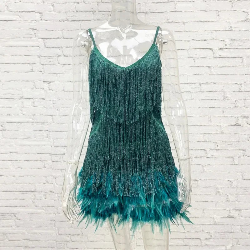 Sexy Feather Stitching Mini Dresses Ladies Sequins Tassel Spaghetti Strap Dress Women Fashion Evening Party Club Elegant Dress