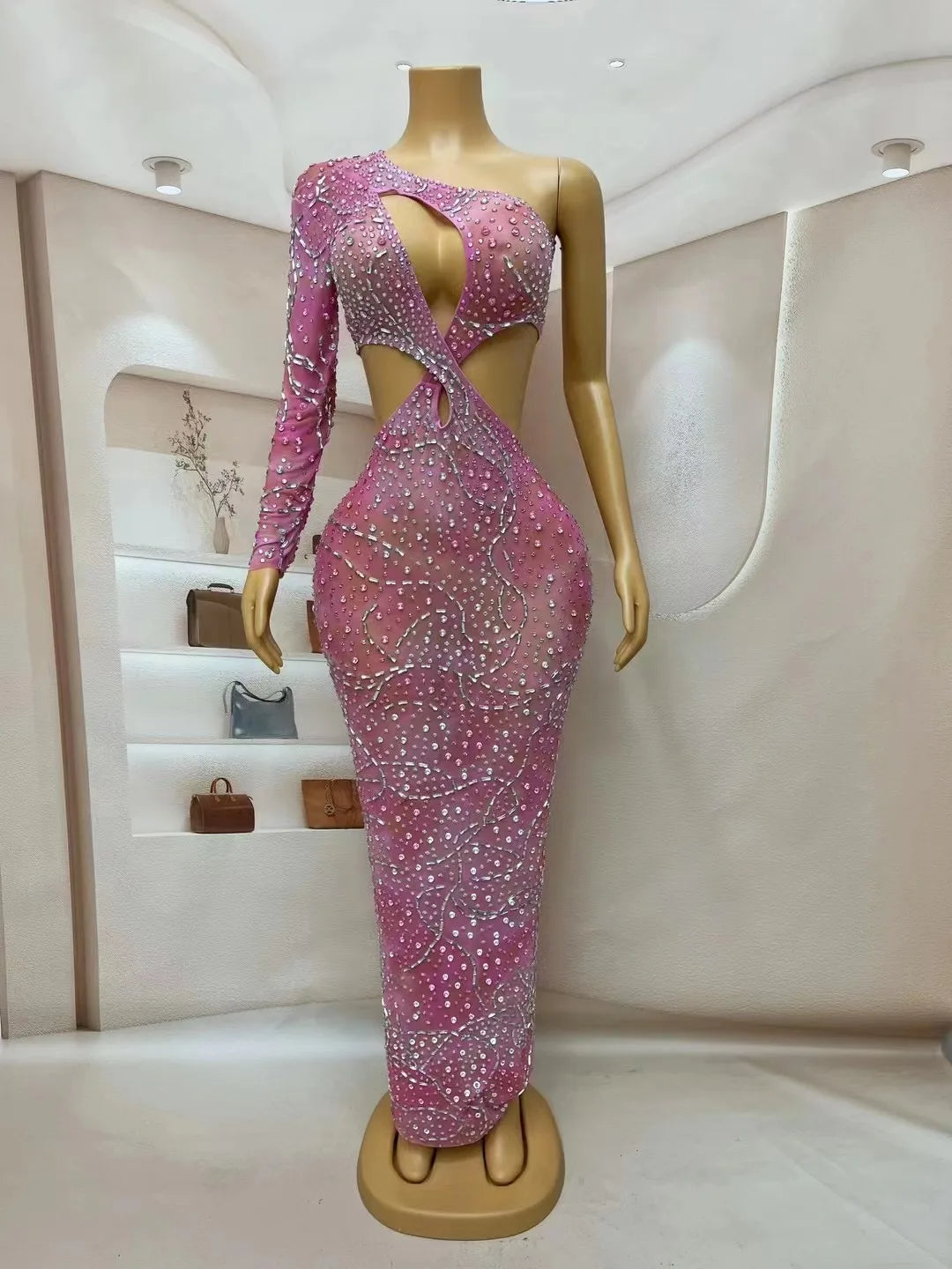 Sexy Flashing Evening Birthday Celebrate Pink Rhinestones Hollow Waist Transparent Dress Costume Birthday Photoshoot Outfit
