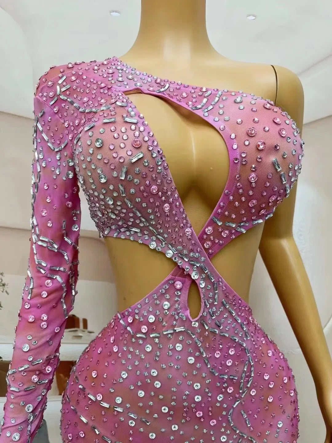 Sexy Flashing Evening Birthday Celebrate Pink Rhinestones Hollow Waist Transparent Dress Costume Birthday Photoshoot Outfit
