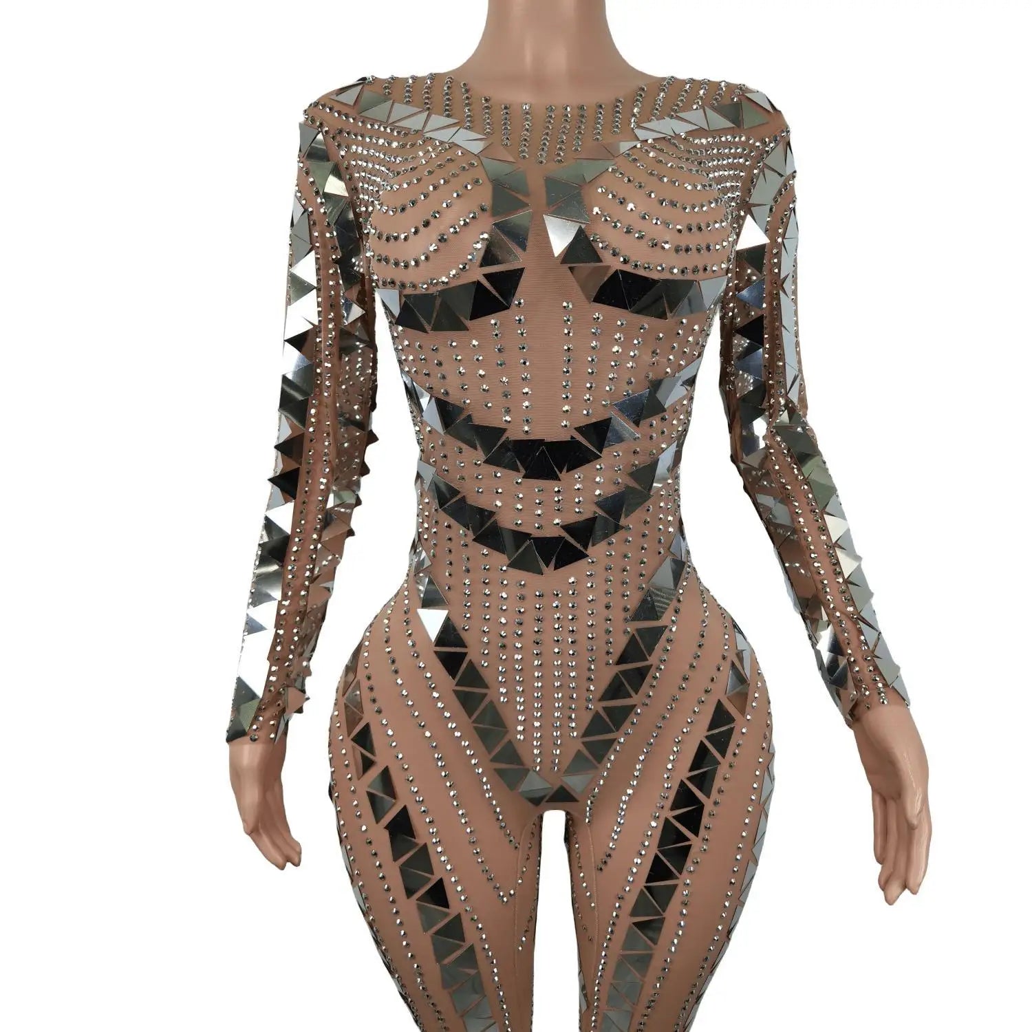 Sexy Flashing Rhinestones Silver Sequins Mirror Jumpsuit Women Evening Birthday Celebrate Costume Dance Party Bodysuit