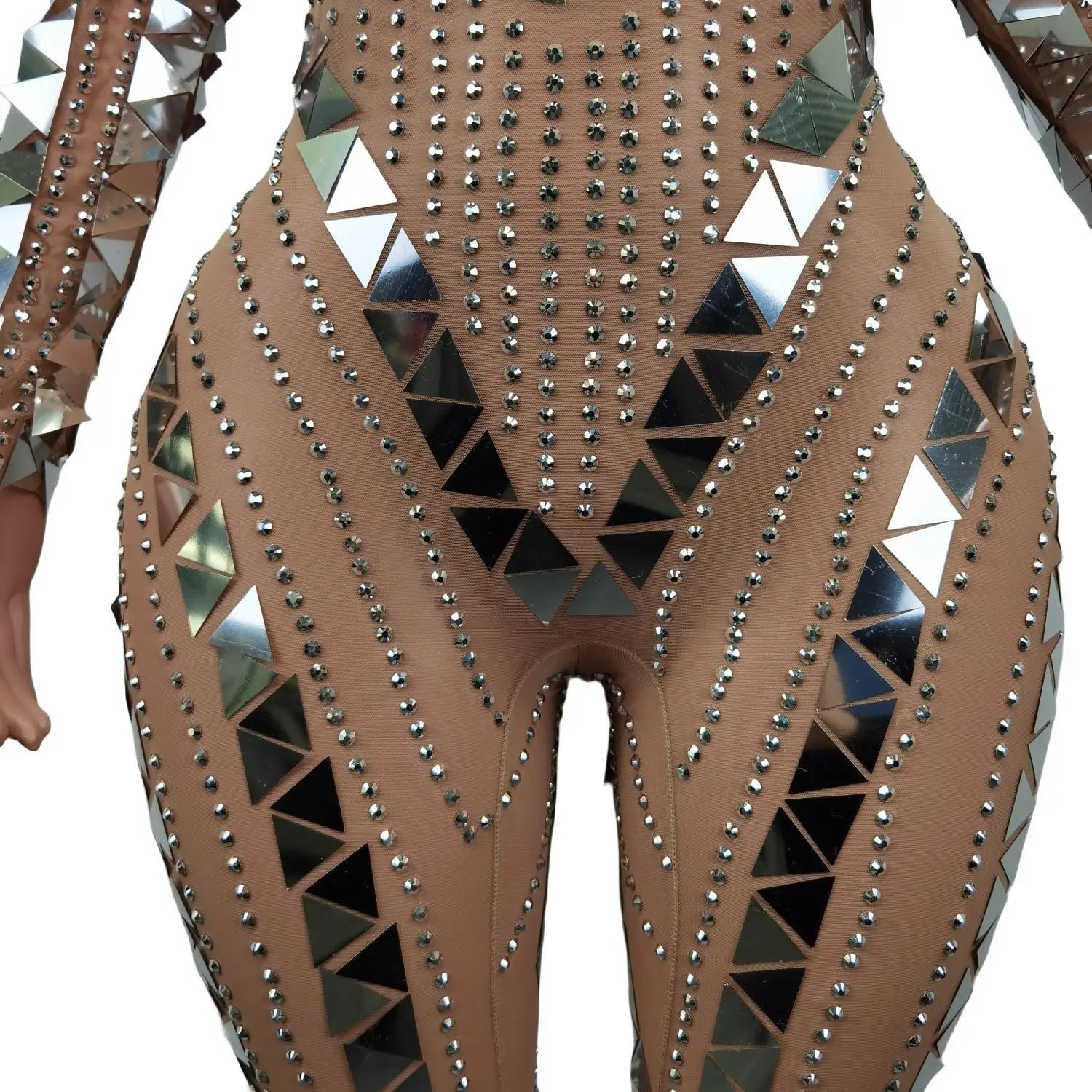 Sexy Flashing Rhinestones Silver Sequins Mirror Jumpsuit Women Evening Birthday Celebrate Costume Dance Party Bodysuit