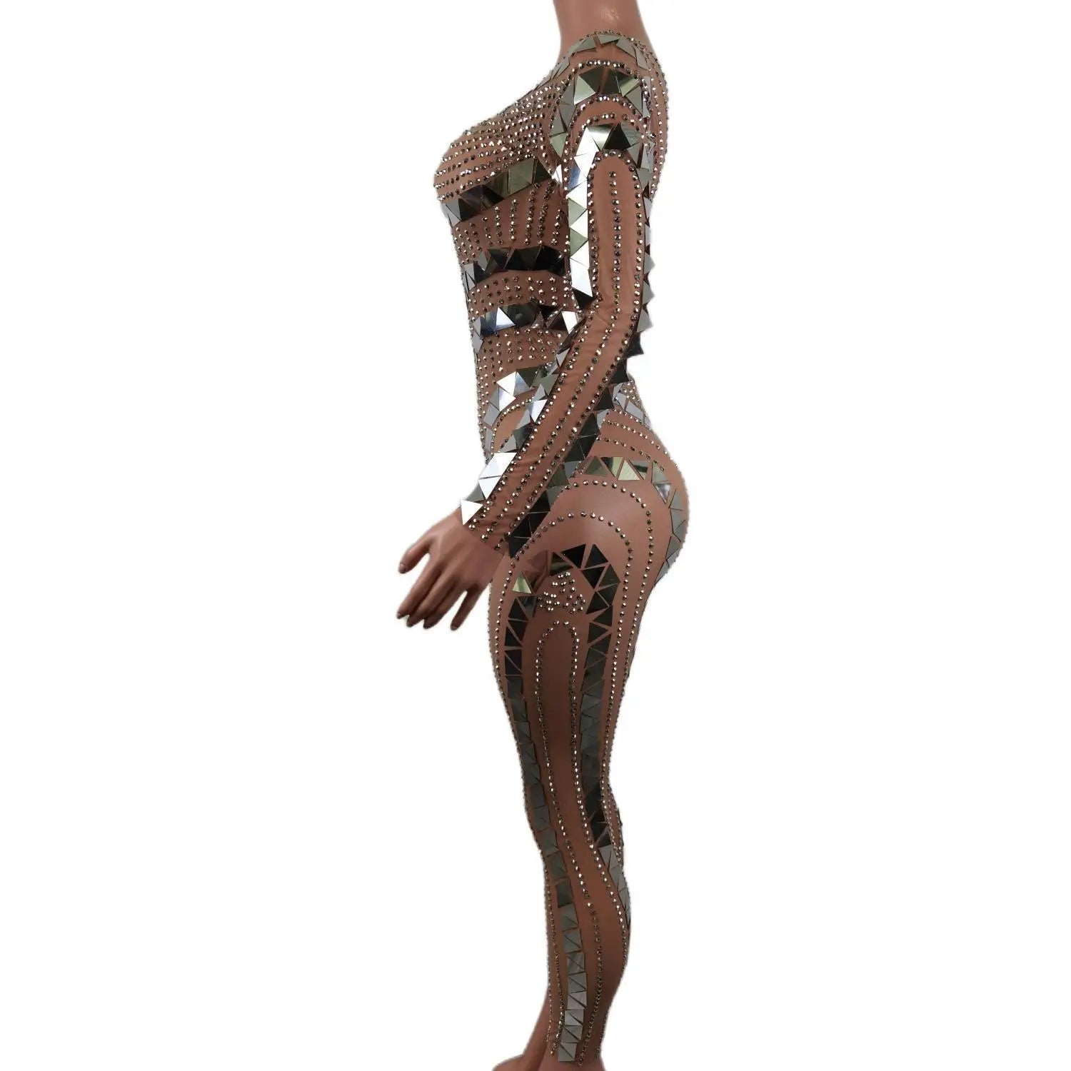 Sexy Flashing Rhinestones Silver Sequins Mirror Jumpsuit Women Evening Birthday Celebrate Costume Dance Party Bodysuit