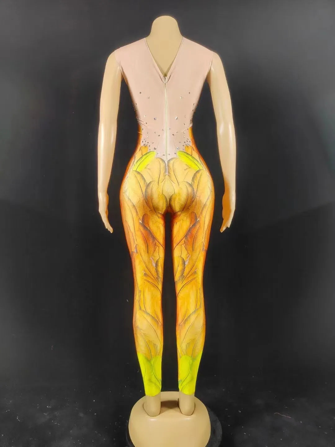 Sexy Glisten Rhinestone Feather Printed Jumpsuit Bling Crystals Rompers Costume Nigjtclub Party Show Celebrate Photo Shoot Wear