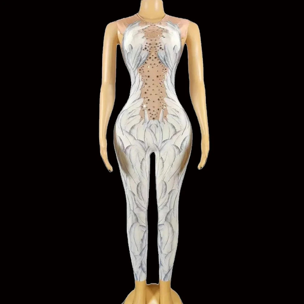 Sexy Glisten Rhinestone Feather Printed Jumpsuit Bling Crystals Rompers Costume Nigjtclub Party Show Celebrate Photo Shoot Wear