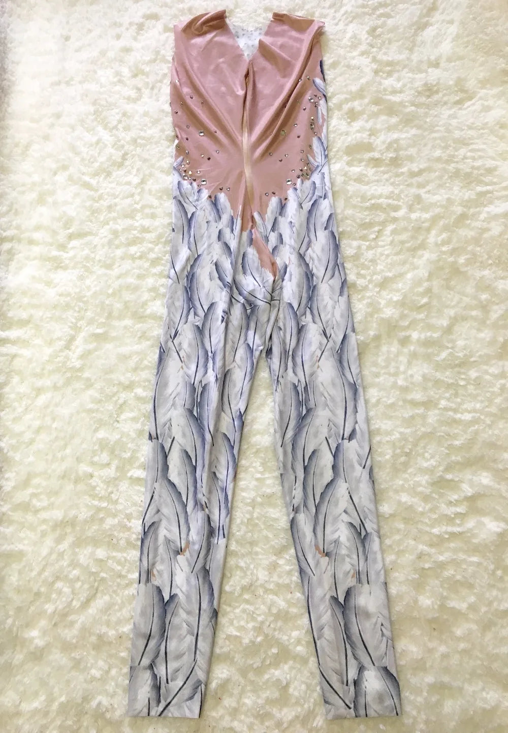 Sexy Glisten Rhinestone Feather Printed Jumpsuit Bling Crystals Rompers Costume Nigjtclub Party Show Celebrate Photo Shoot Wear