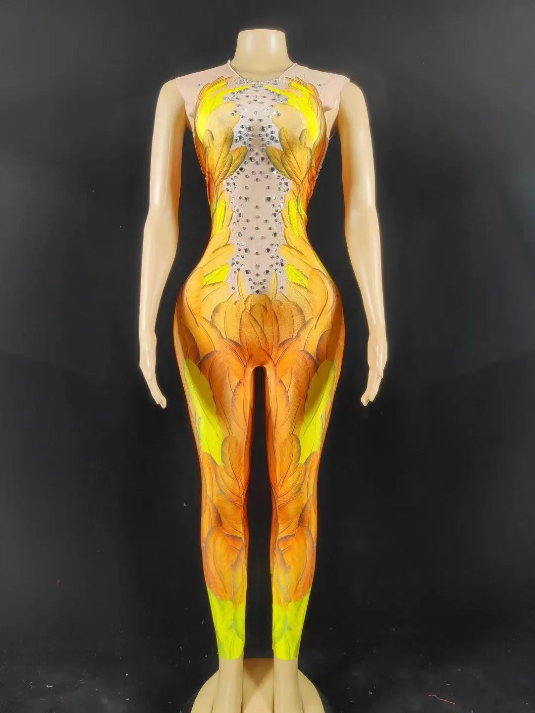 Sexy Glisten Rhinestone Feather Printed Jumpsuit Bling Crystals Rompers Costume Nigjtclub Party Show Celebrate Photo Shoot Wear