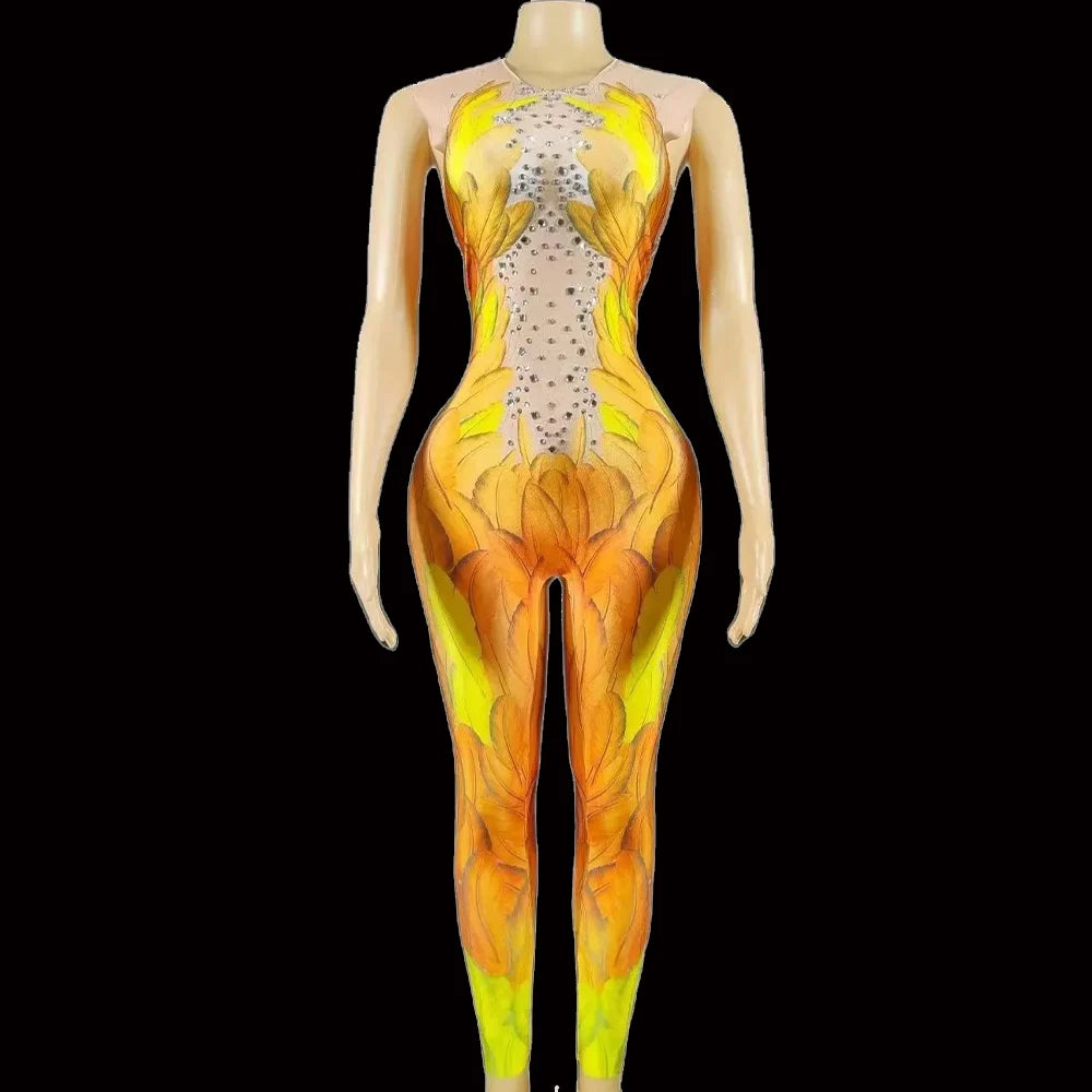 Sexy Glisten Rhinestone Feather Printed Jumpsuit Bling Crystals Rompers Costume Nigjtclub Party Show Celebrate Photo Shoot Wear