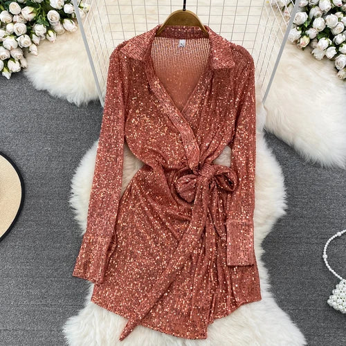 Sexy Glitter Sequin V-neck Lace Up Bodycon Dress Vintage Chic Elegant Evening Party Women Korean Spring Autumn A-line Dress