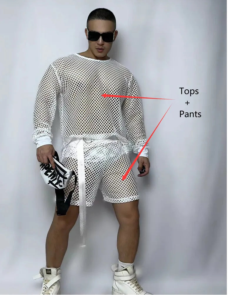 Sexy Gogo Dance Costume Male Fluorescent Green Jazz Hip Hop Dance Outfit Nightclub Hollow Out Rave Performance Clothes