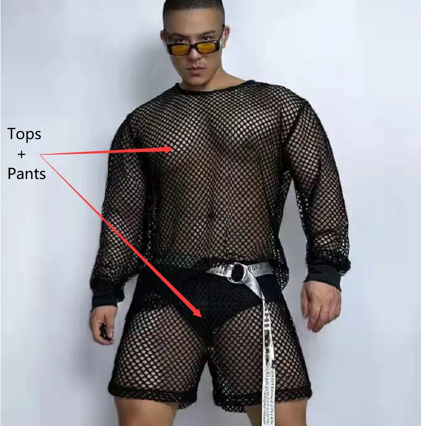 Sexy Gogo Dance Costume Male Fluorescent Green Jazz Hip Hop Dance Outfit Nightclub Hollow Out Rave Performance Clothes