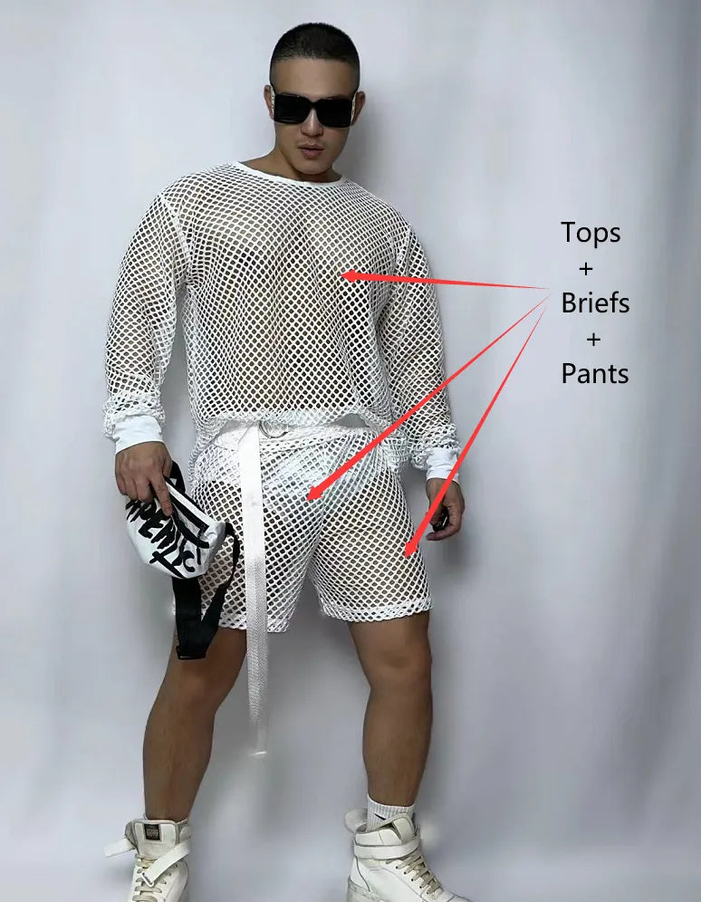 Sexy Gogo Dance Costume Male Fluorescent Green Jazz Hip Hop Dance Outfit Nightclub Hollow Out Rave Performance Clothes