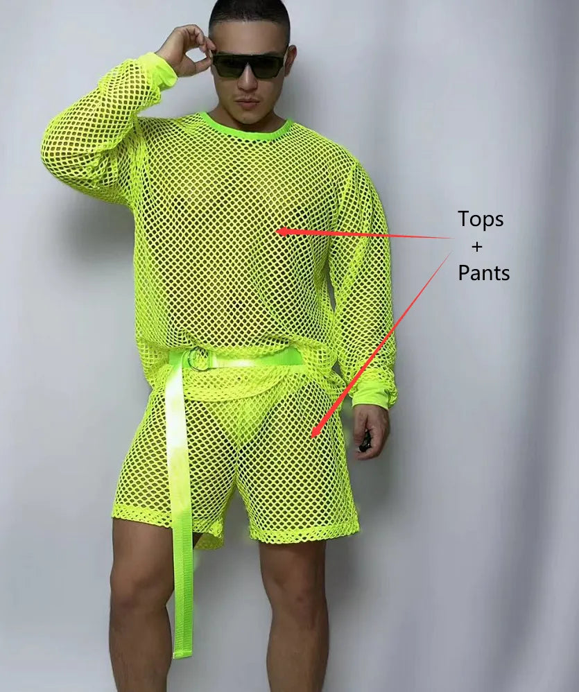 Sexy Gogo Dance Costume Male Fluorescent Green Jazz Hip Hop Dance Outfit Nightclub Hollow Out Rave Performance Clothes