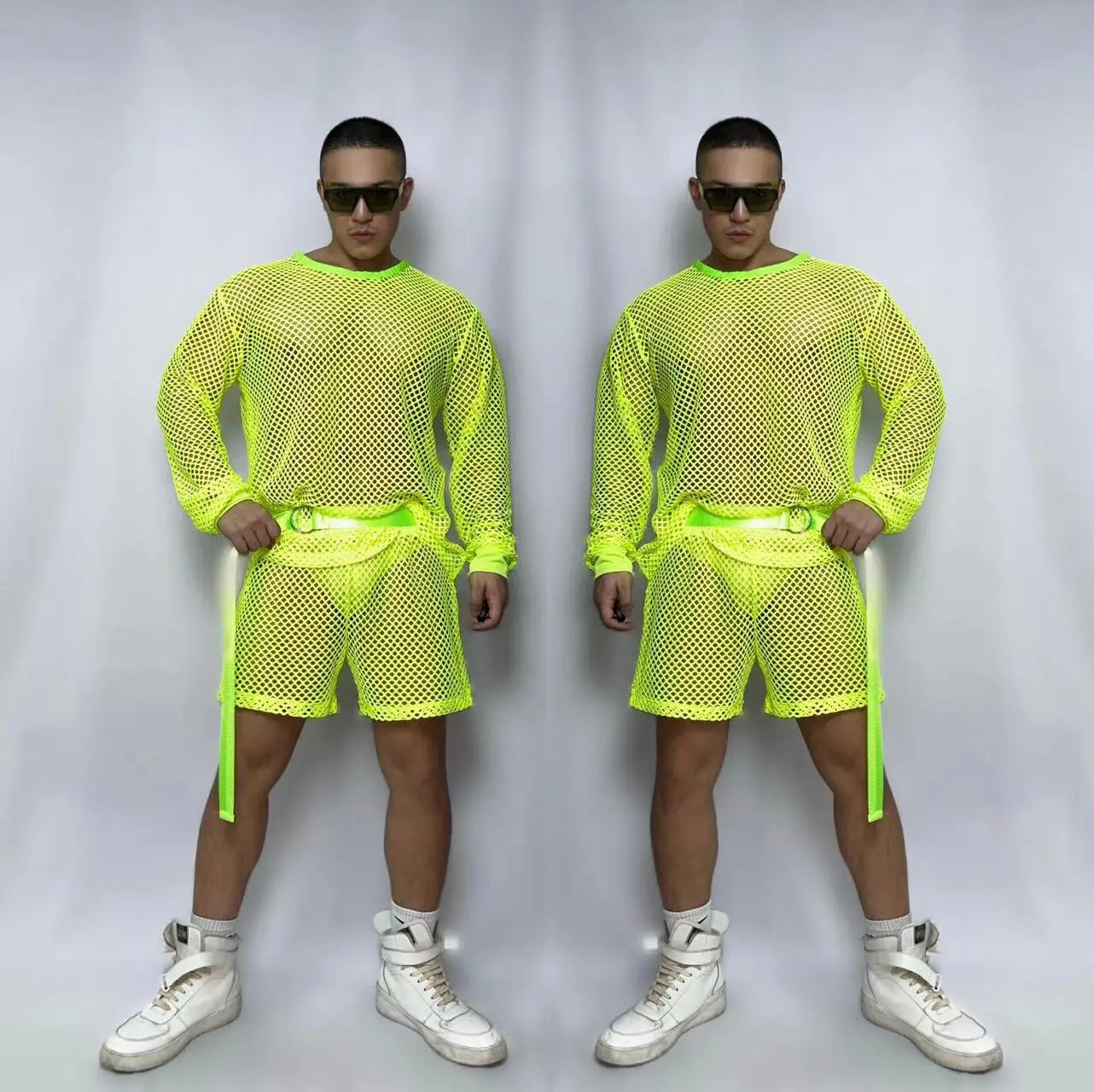 Sexy Gogo Dance Costume Male Fluorescent Green Jazz Hip Hop Dance Outfit Nightclub Hollow Out Rave Performance Clothes