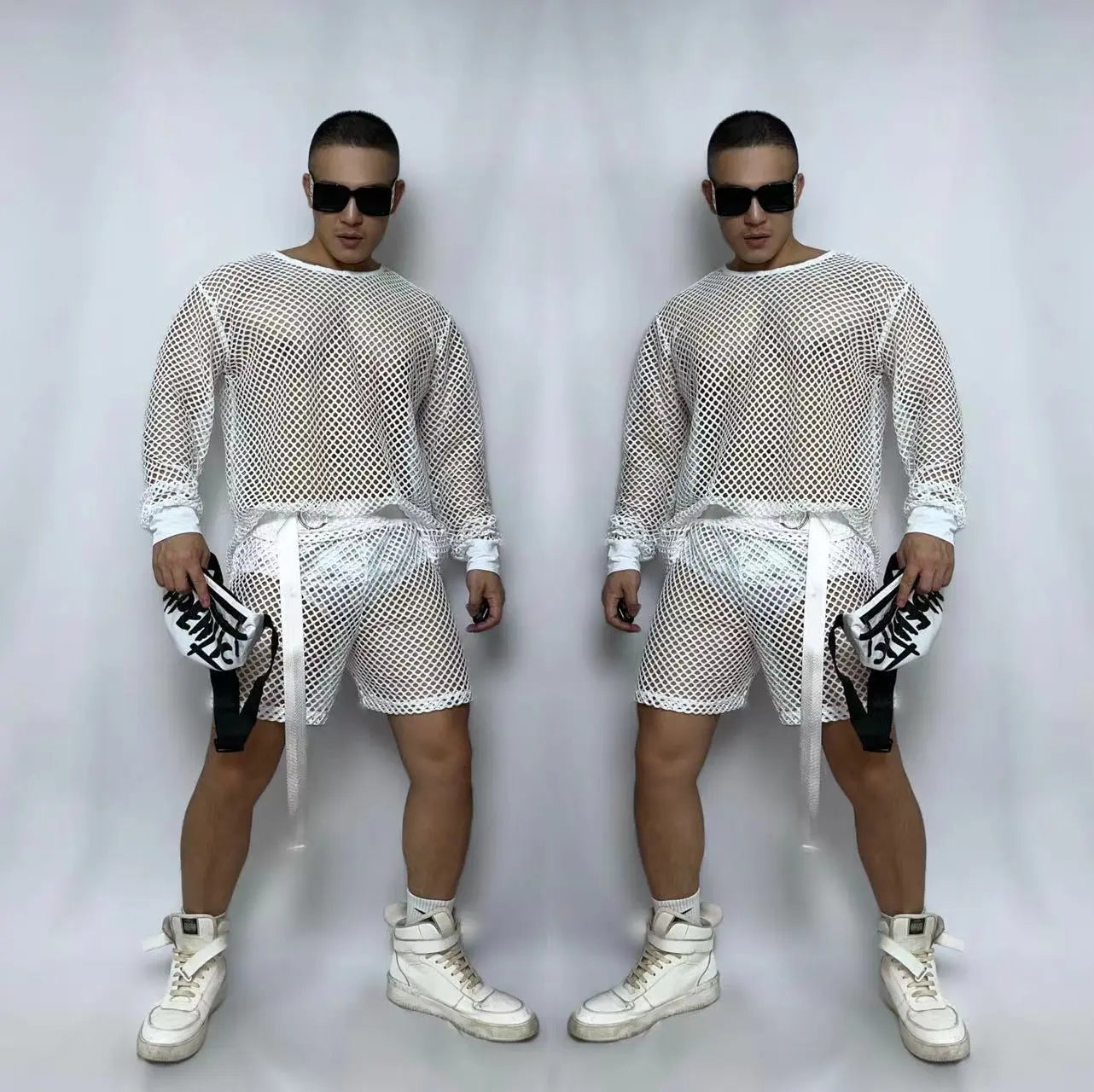 Sexy Gogo Dance Costume Male Fluorescent Green Jazz Hip Hop Dance Outfit Nightclub Hollow Out Rave Performance Clothes