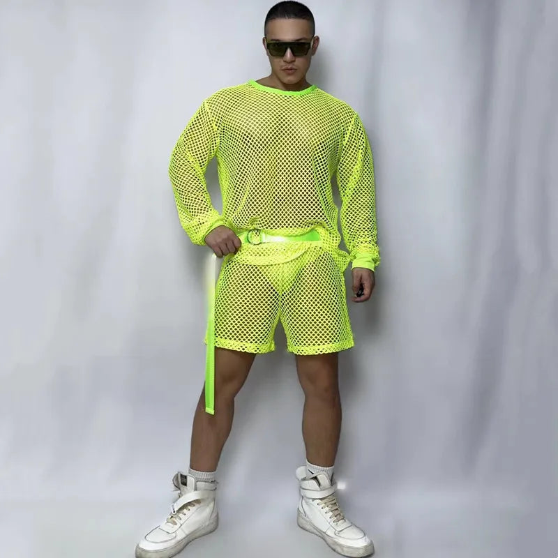 Sexy Gogo Dance Costume Male Fluorescent Green Jazz Hip Hop Dance Outfit Nightclub Hollow Out Rave Performance Clothes