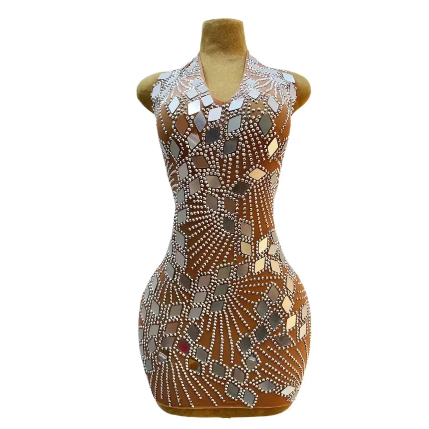 Bright Silver Mirrors Backless Mini Dress for Women Rhinetones Birthday Evening Celebrate Costume Short Prom Dresses