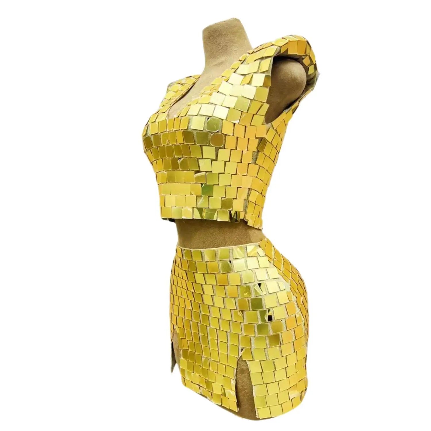 Sexy Gold Mirrors Outfit Set Women Evening Celebrate Mini 2 Pieces Set Birthday Dance Skirt Prom Party Dress Collections