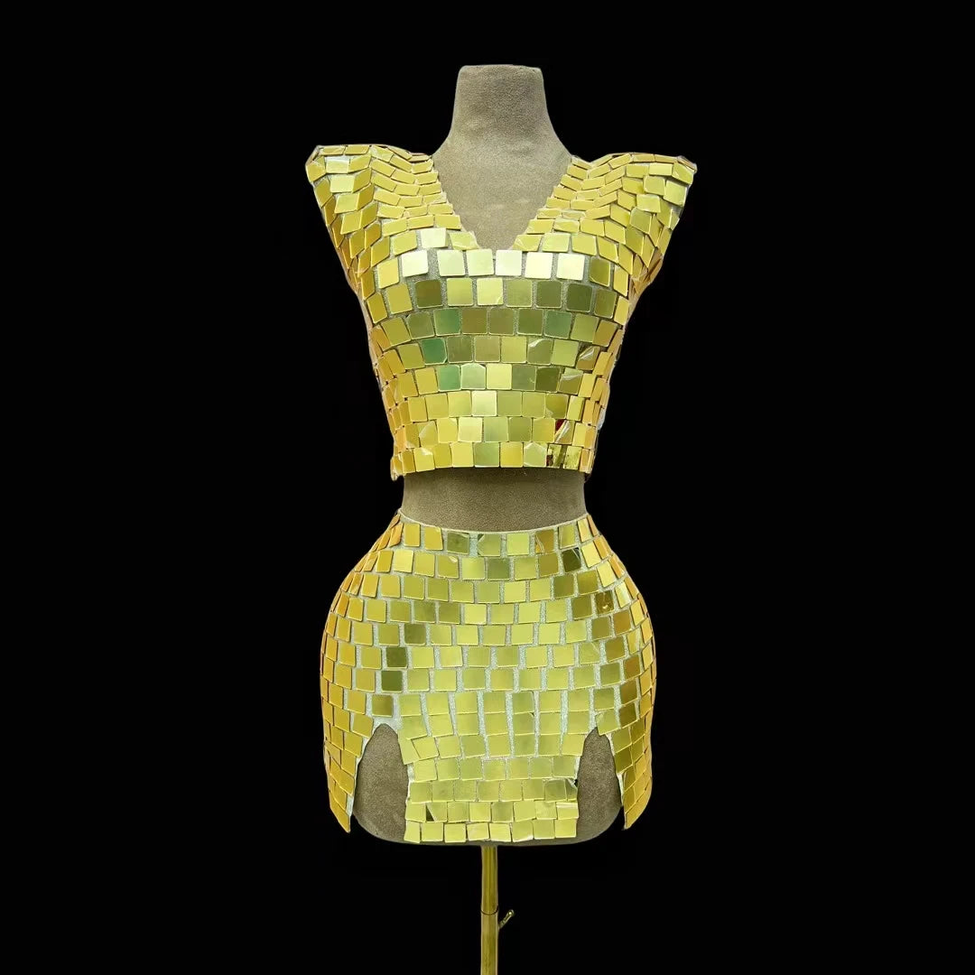 Sexy Gold Mirrors Outfit Set Women Evening Celebrate Mini 2 Pieces Set Birthday Dance Skirt Prom Party Dress Collections