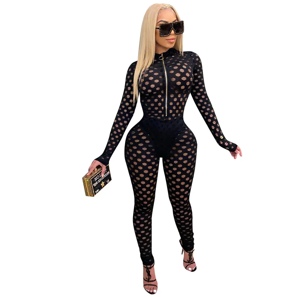 Sexy Hollow Out Sheer Rompers women Jumpsuit Front Zipper Long Sleeve Night Club Party Bodycon One Piece Overalls for Women