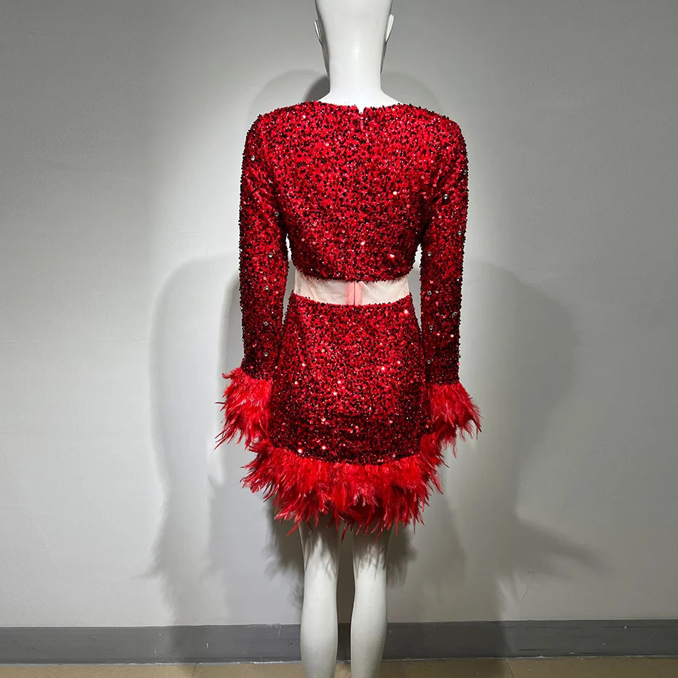 Sexy Hollow Round Neck Beaded Feather Two-piece Set