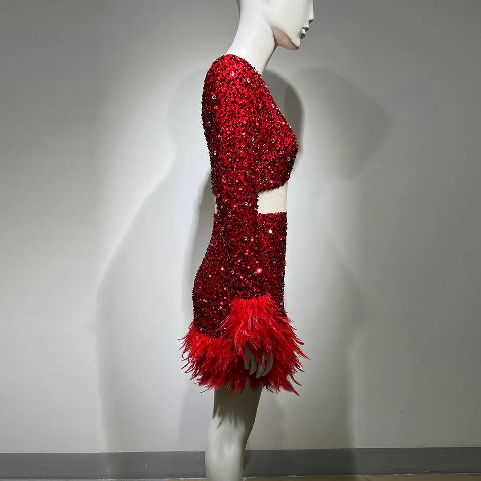 Sexy Hollow Round Neck Beaded Feather Two-piece Set