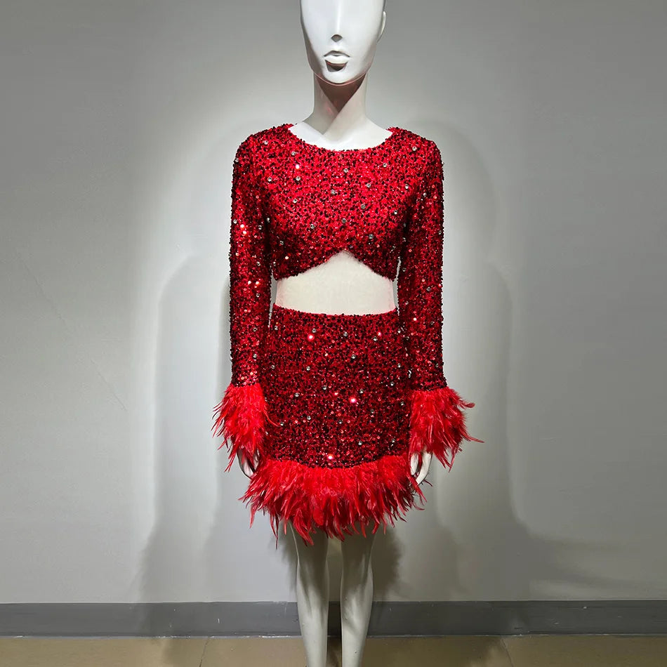 Sexy Hollow Round Neck Beaded Feather Two-piece Set