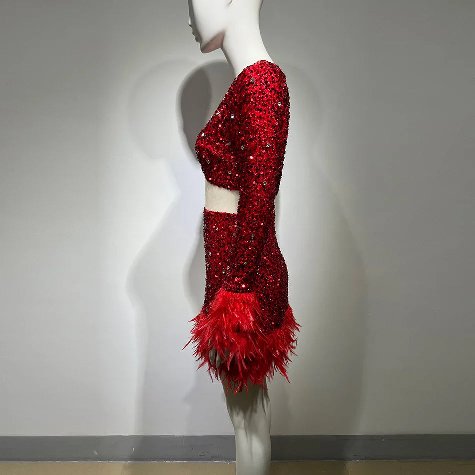 Sexy Hollow Round Neck Beaded Feather Two-piece Set