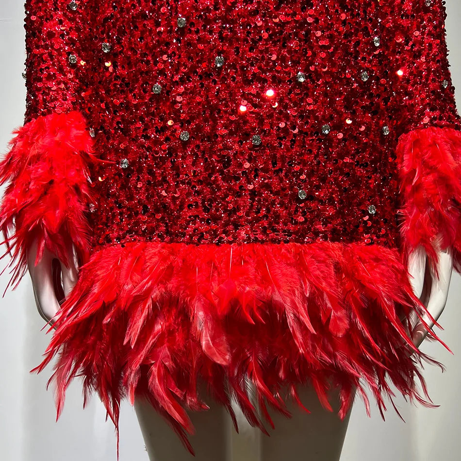 Sexy Hollow Round Neck Beaded Feather Two-piece Set